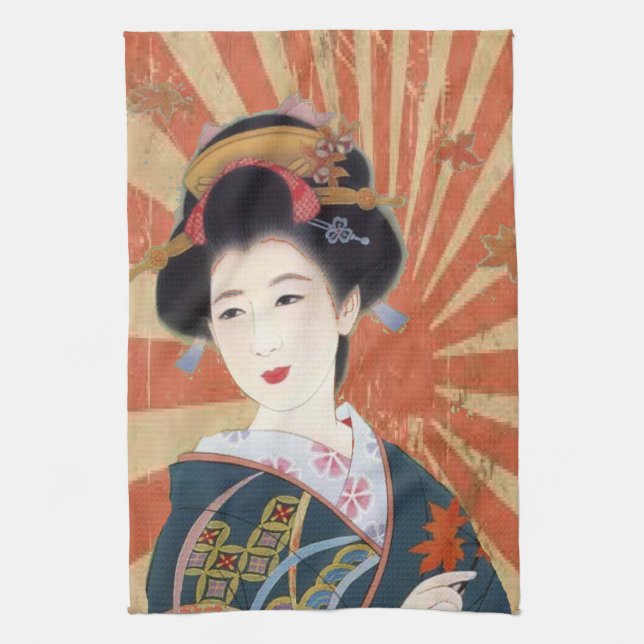 Vintage Sun Rays Japanese Geisha Retro Towel (Vertical)