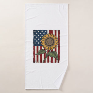 Vintage Sunflower American Flag Bath Towel