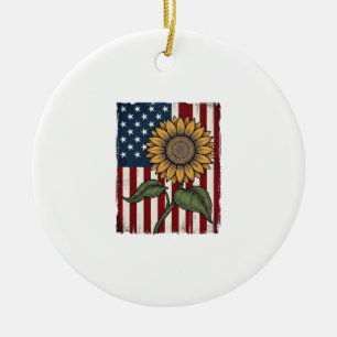 Vintage Sunflower American Flag Ceramic Ornament