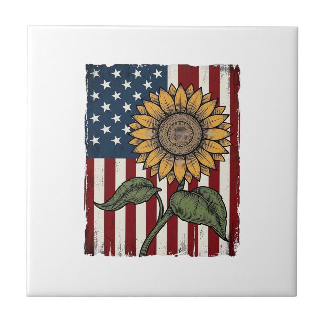 Vintage Sunflower American Flag Ceramic Tile (Front)