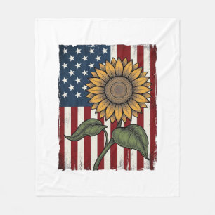 Vintage Sunflower American Flag Fleece Blanket