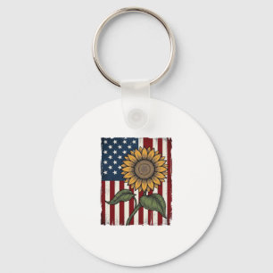 Vintage Sunflower American Flag Keychain