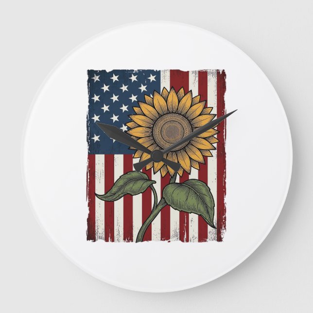 Vintage Sunflower American Flag Large Clock (Front)