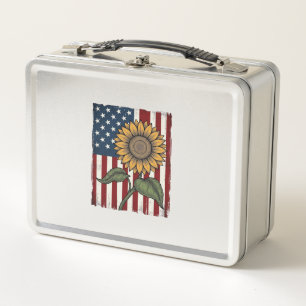 Vintage Sunflower American Flag Metal Lunch Box