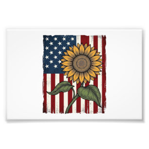 Vintage Sunflower American Flag Photo Print