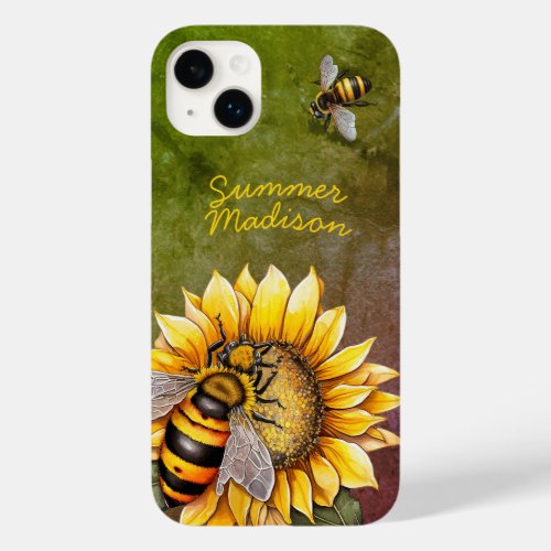 Vintage Sunflower and Bees Rustic Green Name Case_Mate iPhone 14 Plus Case