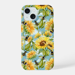 Vintage Sunflower And Bees Seamless Pattern iPhone 15 Case