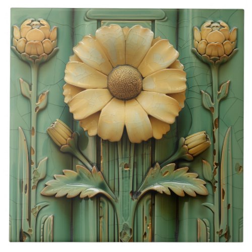 Vintage Sunflower Art Deco Symetrical Ceramic Tile