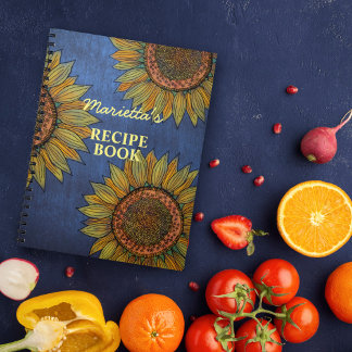 Vintage Sunflower Art Navy Blue Custom Name Recipe Notebook