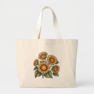 Vintage Sunflower Bees Illustration Floral Nature Large Tote Bag