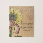 Vintage Sunflower Bible Verse Jigsaw Puzzle<br><div class="desc">This design features a tan background,  vintage botanical flowers,  and a Bible verse.</div>