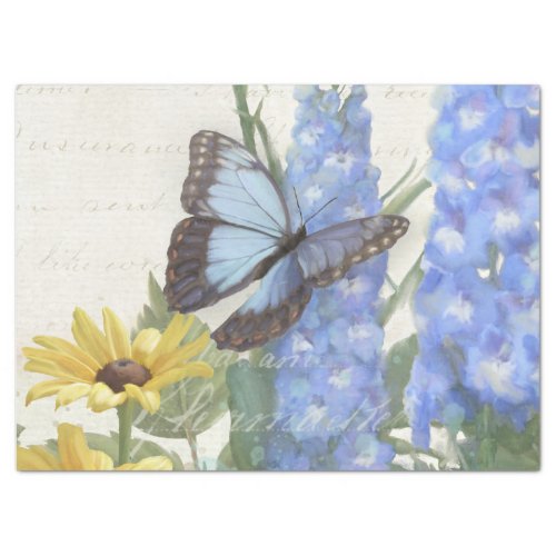 Vintage Sunflower Blue Floral Butterfly Script Tissue Paper