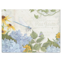 Vintage Sunflower Blue Floral Dragonfly Script Tissue Paper