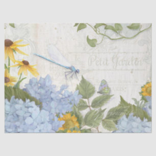 Vintage Sunflower Blue Floral Dragonfly Script Tissue Paper