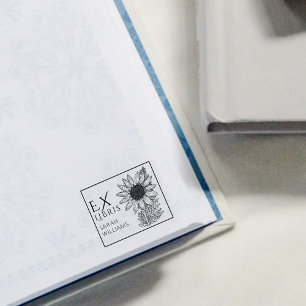 Vintage Sunflower Book Ex Libris  Rubber Stamp