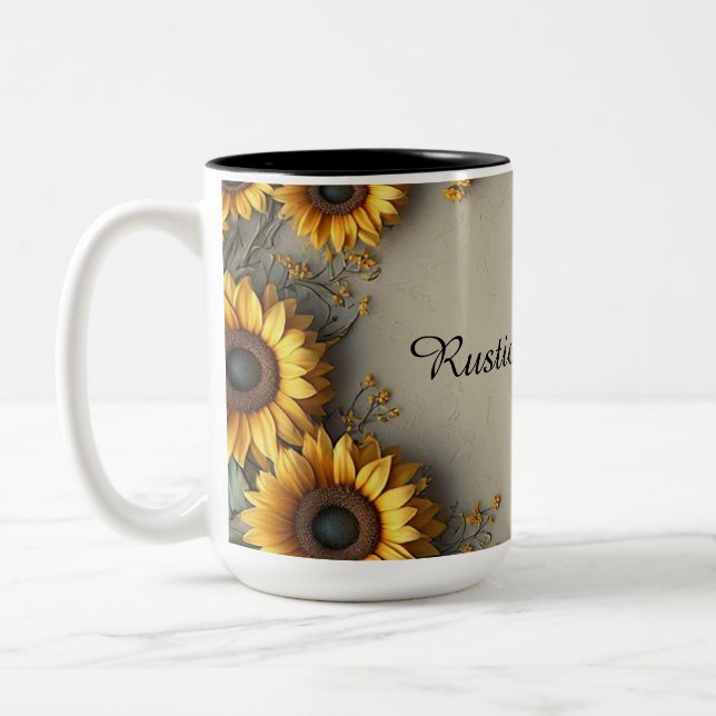 Vintage Sunflower Botanical Illustration Two-Tone Coffee Mug (Left)