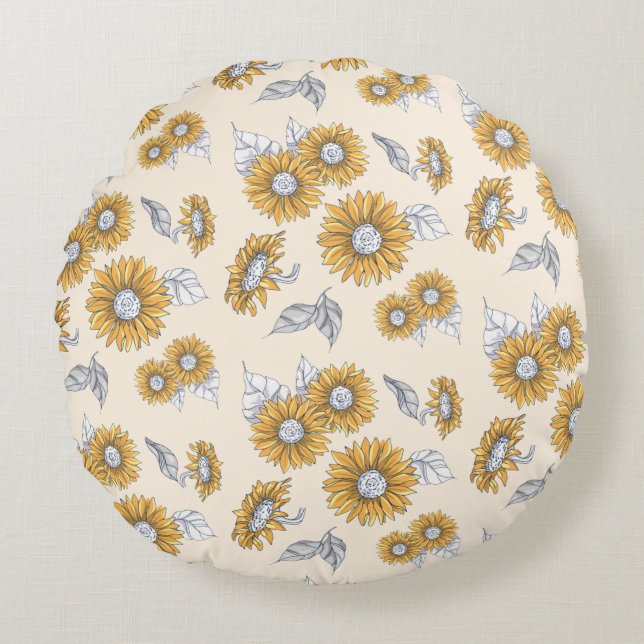 Vintage Sunflower Botanical Pattern Round Pillow (Front)
