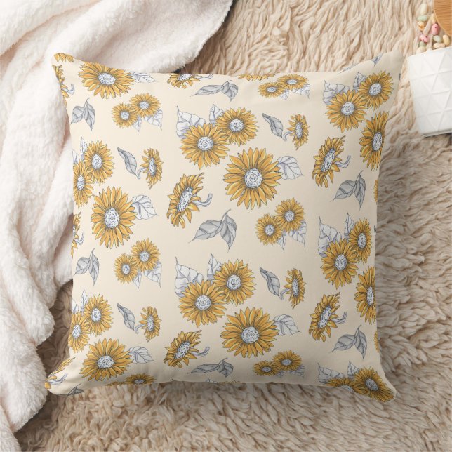 Vintage Sunflower Botanical Pattern Throw Pillow (Blanket)
