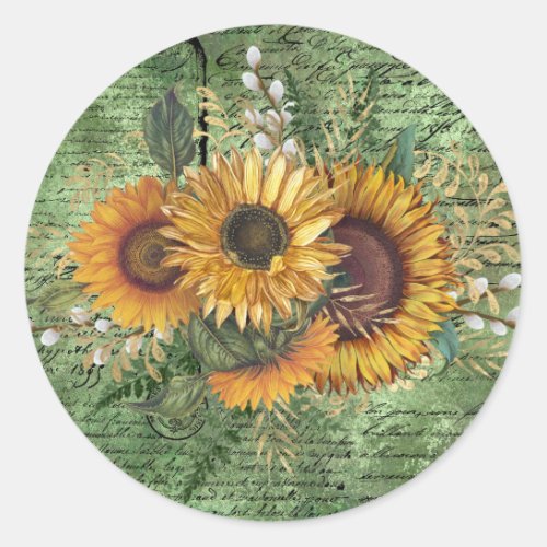 Vintage Sunflower Bouquet Green Ephemera  Classic Round Sticker