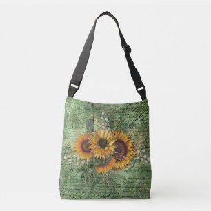 Vintage Sunflower Bouquet Green Ephemera Crossbody Bag