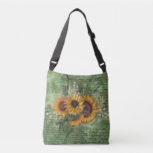 Vintage Sunflower Bouquet Green Ephemera  Crossbody Bag