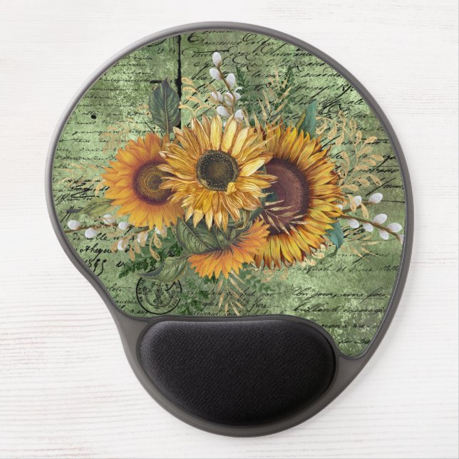 Vintage Sunflower Bouquet Green Ephemera   Gel Mouse Pad (Front)