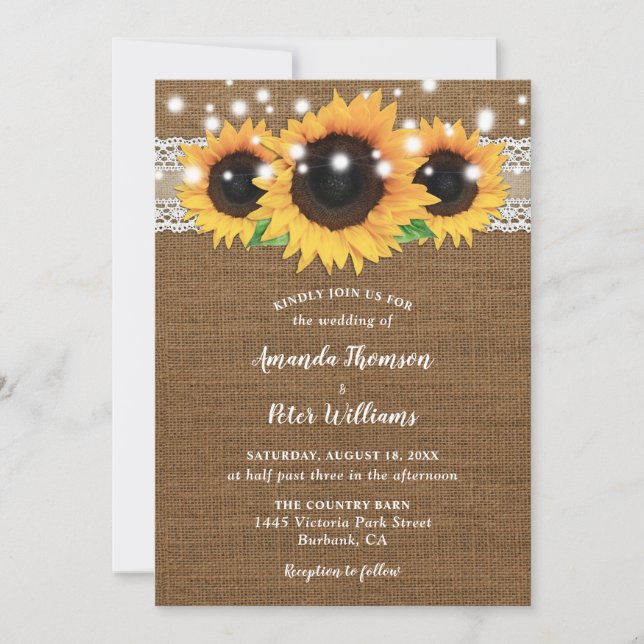 Vintage Sunflower Burlap Lace Wedding Invitations (Front)