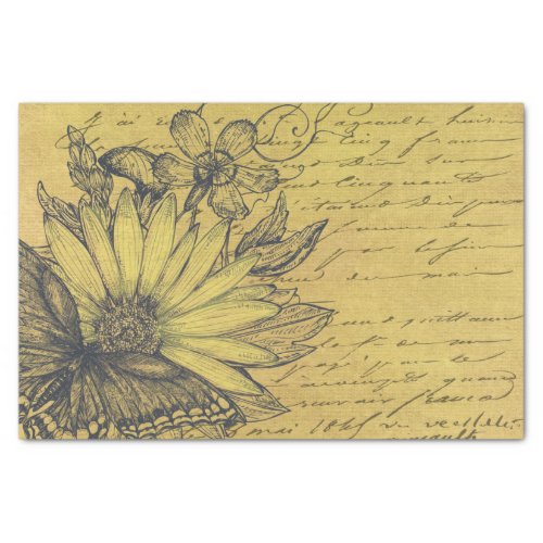 Vintage Sunflower Butterfly French Script Gold Tissue Paper