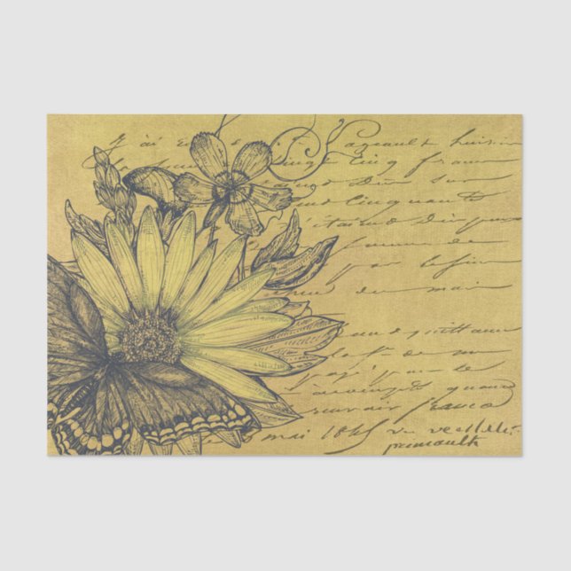 Vintage Sunflower, Butterfly, French Script Gold Tissue Paper (Front)