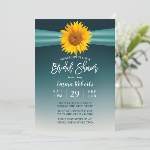 Vintage Sunflower Elegant Teal Ombre Bridal Shower Invitation