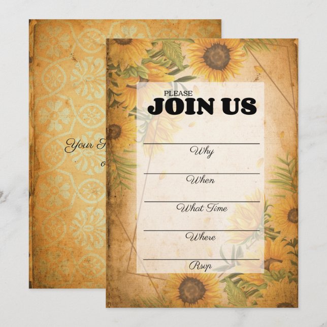 Vintage Sunflower Fill In Multi Purpose Invitation (Front/Back)