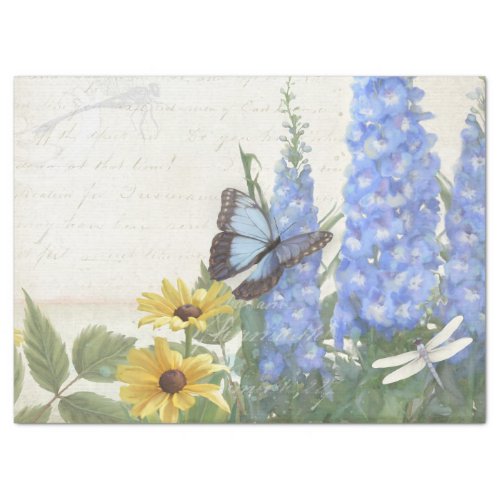 Vintage Sunflower Floral Blue Butterfly Script Tissue Paper