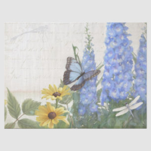 Vintage Sunflower Floral Blue Butterfly Script Tissue Paper