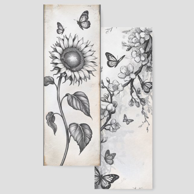 Vintage Sunflower Floral Butterflies  Bookmarks (Front & Back)