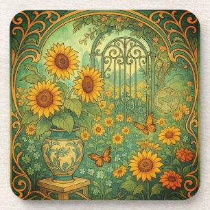 Vintage Sunflower Garden Butterflies Art Nouveau Beverage Coaster