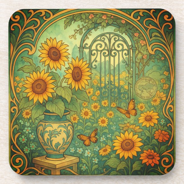 Vintage Sunflower Garden Butterflies Art Nouveau Beverage Coaster (Front)