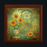 Vintage Sunflower Garden Butterflies Art Nouveau Gift Box<br><div class="desc">This elegant jewelry box features a floral vintage art nouveau styled yellow sunflower garden with a bouquet of flowers in a vase and butterflies. Image generated with AI.</div>
