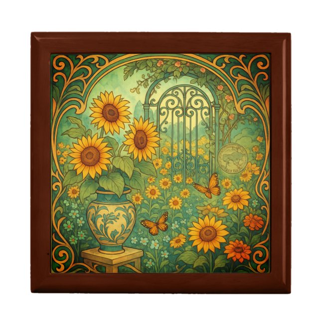 Vintage Sunflower Garden Butterflies Art Nouveau Gift Box (Front)
