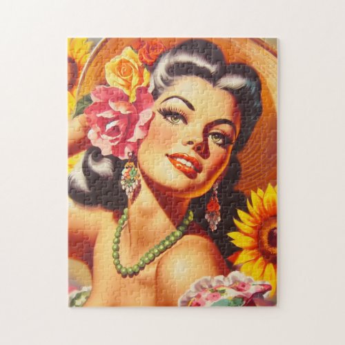 Vintage Sunflower Girl Jigsaw Puzzle