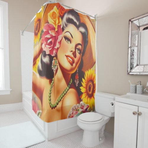 Vintage Sunflower Girl Shower Curtain