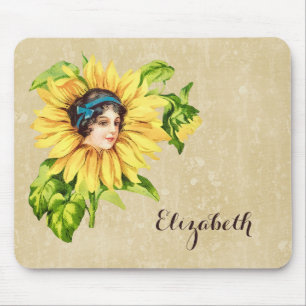 Vintage Sunflower Girl Victorian Floral Art Mouse Pad