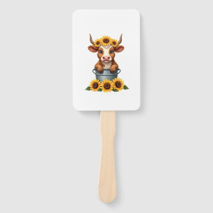 Vintage Sunflower Highland Cow in Bucket Floral Fa Hand Fan