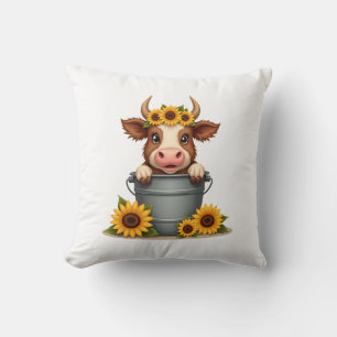 Vintage Sunflower Highland Cow in Bucket Floral Fa Throw Pillow