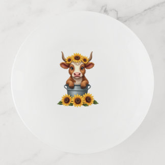 Vintage Sunflower Highland Cow in Bucket Floral Fa Trinket Tray