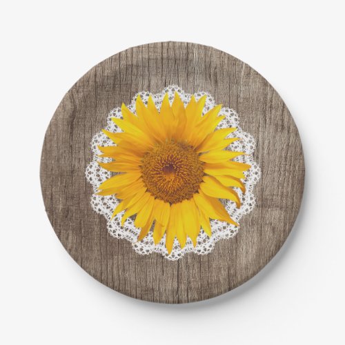 Vintage Sunflower Lace Barn Wood Rustic Wedding Paper Plates