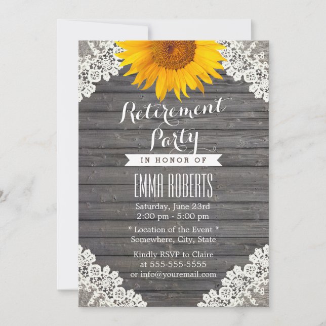 Vintage Sunflower Laced Barn Wood Retirement Party Invitation (Front)