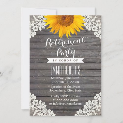 Vintage Sunflower Laced Barn Wood Retirement Party Invitation