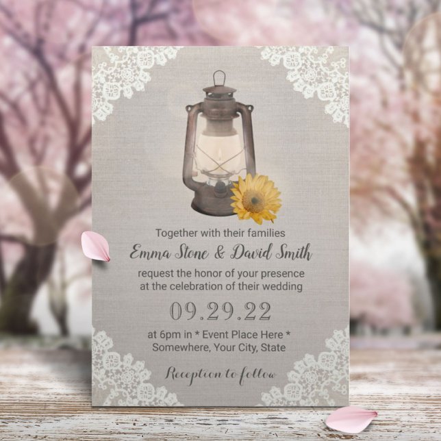 Vintage Sunflower & Lantern Rustic Laced Wedding Invitation (Creator Uploaded)