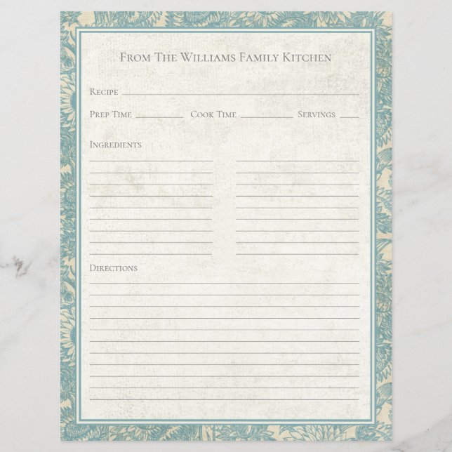 Vintage Sunflower Light Blue Recipe Paper Sheet (Front)