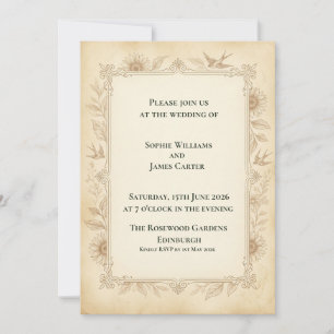Vintage Sunflower Line Art Wedding Invitation